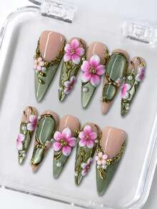 UltraBaddie 10 PCS Handmade Stiletto Press-On Nails | Sage Green & Nude Acrylic Nails, 3D Pink Cherry Blossom & Metallic Gold Edgy Art (Tool Kit Included) - Multicolor - View 13