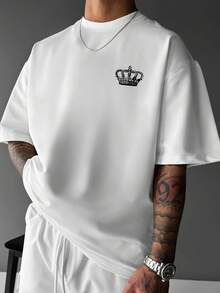 Men's Crew Neck T-Shirt, Streetwear Style, Loose Fit And Patterned - 白色 - 查看 2