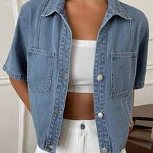 yonghongmaoyi1  Chaqueta vaquera de mujer de manga corta con bolsillo parche, estilo informal, lavada, con botones, para el verano - Azul - Ver 1