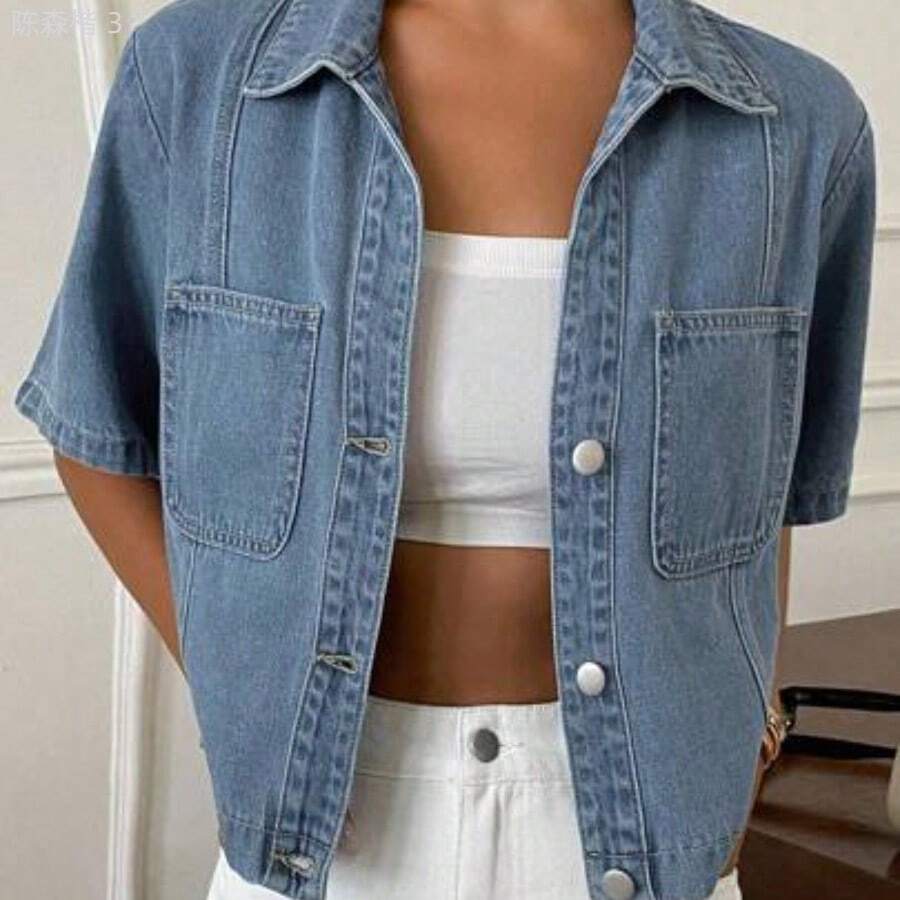 yonghongmaoyi1 Chaqueta vaquera de mujer de manga corta con bolsillo parche, estilo informal, lavada, con botones, para el verano - Azul - Ver 1