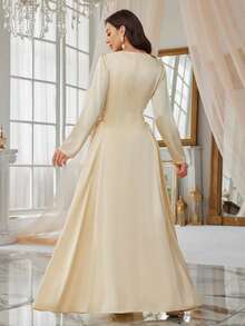 Elegant Women's V-Neck Long Sleeve Arabic Style Maxi A-Line Dress With Side Tie Wedding Party - Light Yellow - View 6