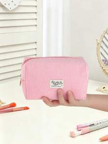 1pc Love Makes The World Go Around Fashionable Minimalist Corduroy Large Capacity Cosmetic Makeup Tool Storage Bag Suitable For Home And Travel - Pink - View 6