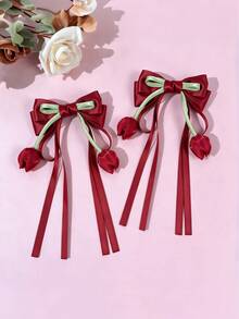 2 piezas Pinzas para el cabello con lazo de tulipán fresco y elegante con cinta de borla - Accesorios para el cabello de princesa versátiles y de alta gama para niñas - Multicolor - Ver 13