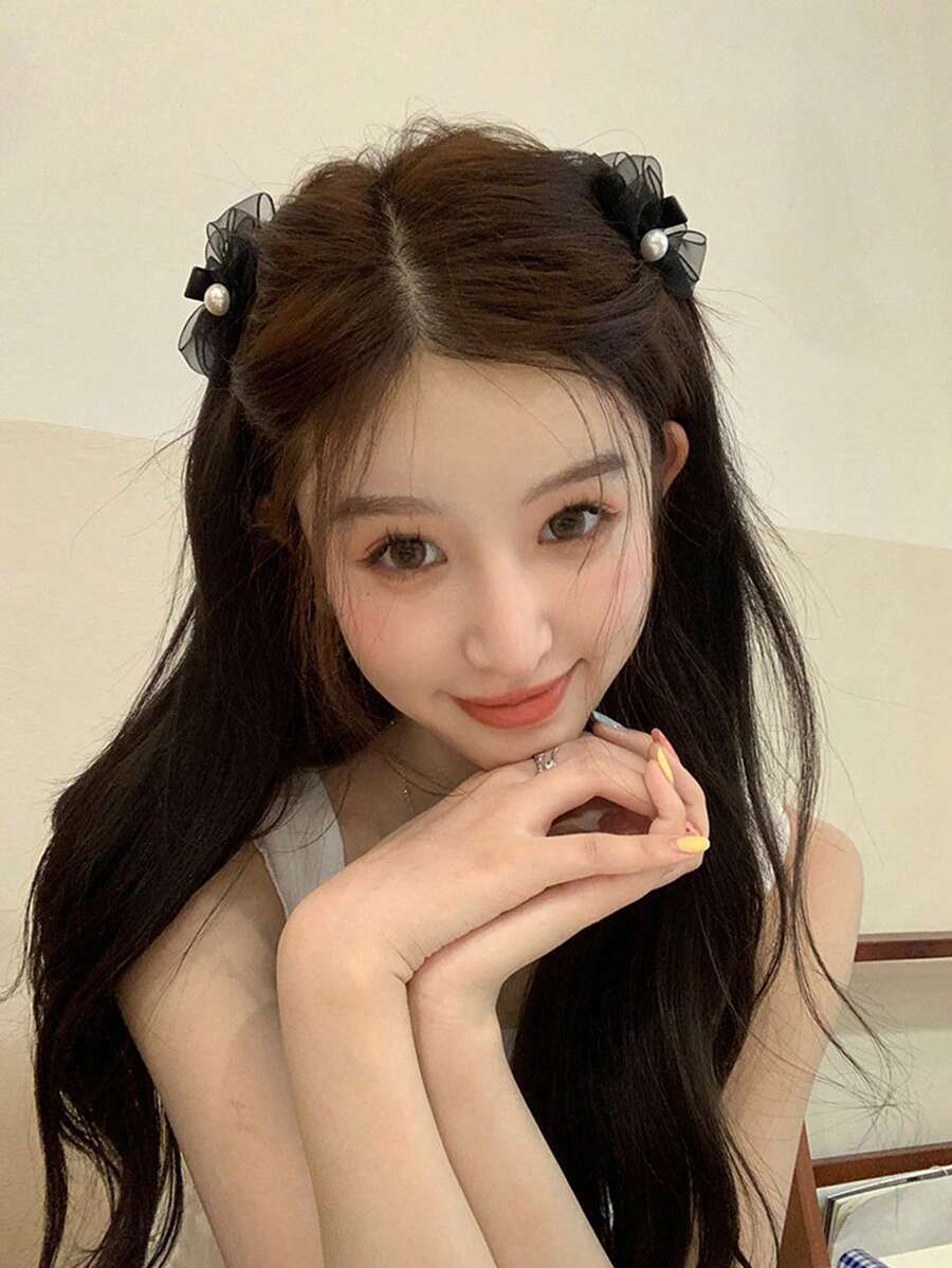 2 buah Jepit Rambut Samping Wanita dengan Pita Jala Mutiara Imitasi, Jepit Rambut Kecil untuk Poni Samping dan Gaya Rambut Setengah Terikat - Hitam - View 1