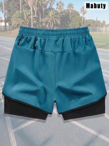 Shorts de running unisex 2 en 1 con forro interior, cintura ajustable con cordón, shorts deportivos para entrenamiento fitness para hombre - lago azul - Ver 3