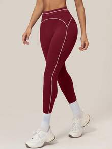 TimeOff Pantalones deportivos de mujer 1 pieza con bloques de color, decoración de línea blanca, cintura alta, control de abdomen, largo hasta el tobillo - Burdeos - Ver 5