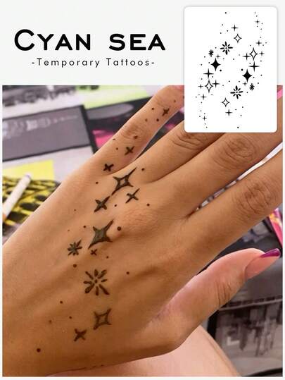 1pc Simple Line Style Star And Small Flower Combination Pattern Tattoo Sticker, Temporary Tattoo Sticker, Simulated Tattoo Design, Suitable For Travel, Music Festival, Games, Graduation Gifts, Lasts For 3-5 Days