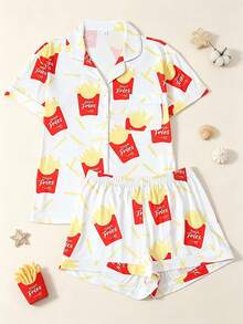 2 Piece Sets Woman Pajama, Fun French Fries Print, Soft Breathable Loungewear, Spring Summer Short Sleeve Lapel Top & Elastic Waist Shorts - trắng - Xem 11