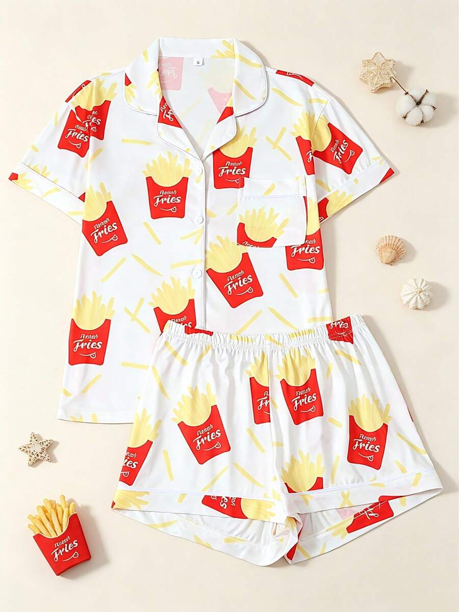 2 Piece Sets Woman Pajama, Fun French Fries Print, Soft Breathable Loungewear, Spring Summer Short Sleeve Lapel Top & Elastic Waist Shorts - White - View 1