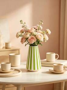 1pc Green Striped Flower Pot, Minimalist European Style Cylindrical Planter, Suitable For Living Room, Bedroom Or Tabletop Home Decor, Also A Great Mother's Day Gift. - Cylindrical Stripes - View 1
