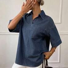 xuehuamaoyi02  Blusa de mezclilla suelta y casual de color natural para mujer, nueva llegada para otoño y verano - Blanco - Ver 5