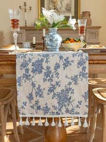 Vintage Landhausstil Tischläufer, saisonale Tischdekoration, Feiertagsparty, Geburtstag, Hochzeit, Esstisch, Couchtisch, Heimdekoration, blauer Rosenmuster rechteckiger Luxus Tischläufer mit Quasten - Mehrere Stile - Übersicht 6