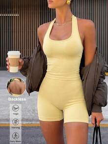 Allurini Women's Halter Neck Backless Yoga 2 Pieces Set Top, Tummy Control Fitness Workout Outfit Yellow Elegant Summer - Yellow - View 2