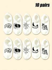 5 Pairs/10 Pairs Unisex Funny Expression Spider Web Letter Invisible Boat Socks, Suitable For Party, Travel, Vacation, Summer Outfits - Multicolor - View 8