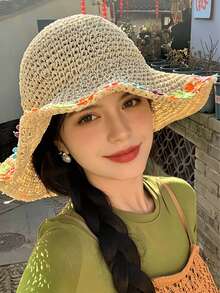 1件女款草帽，夏季時尚戶外旅行配件，碎花設計沙灘遮陽帽，可折疊捲邊，透氣水桶帽，防風防曬，適合日常使用，送禮佳品 - 彩色 - 查看 4