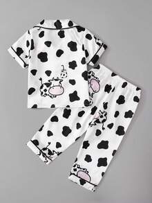 Faux Silk Fabric Cool Silky Cute Cow Print Short Sleeve Long Pants Set - White - View 9