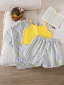 Conjunto de 3 piezas de ropa para niñas, con rayas verticales azules, amarillas y blancas con textura de tela arrugada de burbujas, una camisa de cuello casual, brillante - Amarillo - Ver 4