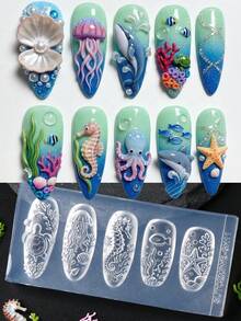 2件組海洋世界美甲雕刻矽膠模具 海洋生物魚類海馬海星珊瑚美甲模板 夏季水下美甲設計印花板 DIY美甲工具 - 無色 - 查看 2