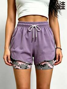 mulinsen Women's 2-In-1 Colorblock Sports Shorts With Lining And Phone Pocket, Suitable For Summer Running - Mauve Purple - View 3