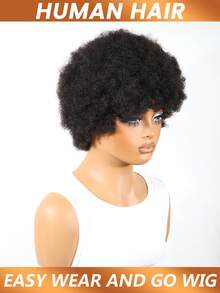 Elf Short Human Hair Wig, Short Voluminous Curly Human Hair Wig, Afro Jerry Curl Wig, Remy Human Hair Wig, Full Machine Woven Wig, Voluminous Soft Natural Wig, Suitable For Women - Natural Black - View 3