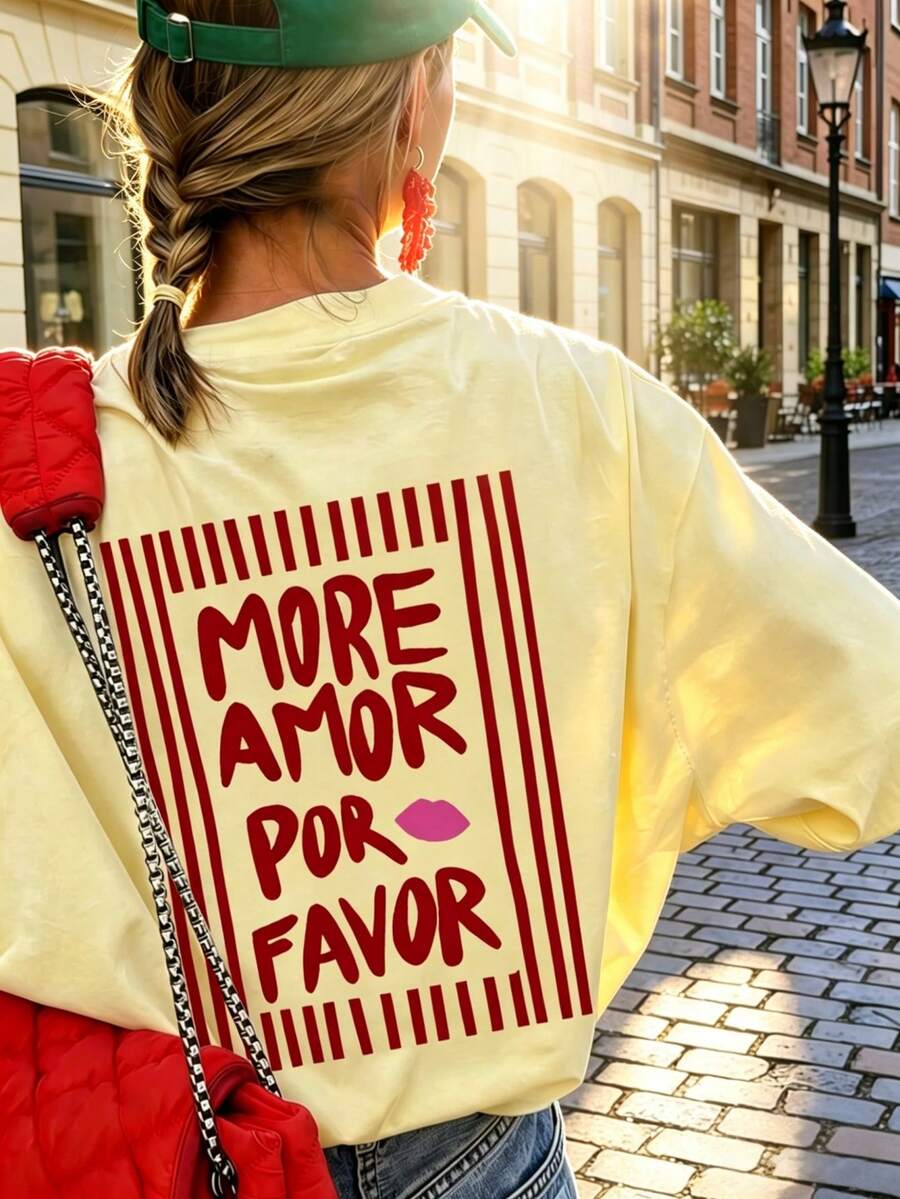 1件女款夏季寬鬆休閒圓領短袖T恤上衣，「MORE AMOR POR FAVOR」條紋印花圖案T恤，適合派對、度假、辦公、日常、約會、聚會、街頭穿搭，夏季首選T恤上衣