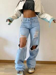 Jeans rectos holgados y apilados de estilo vintage para mujer, casuales para primavera - Azul lavado medio 2 - Ver 1