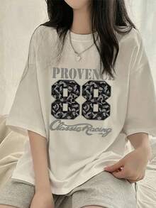 Women's Casual White Oversized T-Shirt, Round Neck Provence 88 Print Drop Shoulder Short Sleeve Top, Knit Fabric Streetwear Style - White - View 3
