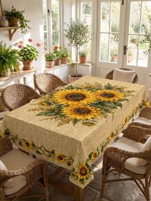 Sunflower Tablecloth, Faux Woven Texture Beige Dining Table Cover, Pastoral Vintage Farmhouse Floral Tablecloth, Suitable For Kitchen, Dining Room, Autumn Gatherings, Parties And Home Decor - B - View 9