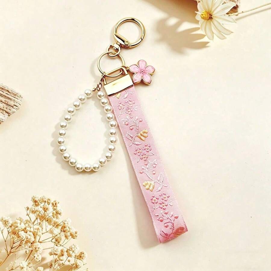 1pc Sakura Keychain, Zinc Alloy Keychain Rope, Jacquard Woven Strap Keychain, Handbag Pendant Keychain Accessory, Wrist Strap Keychain, Printed Strap Keychain, Women's Car Keychain, Women's Fashion Keychain, Women's Handbag Pendant Universal Keychain - Multicolor - View 1