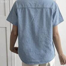 yonghongmaoyi1  Camisa vaquera casual de mujer con cuello de solapa y bolsillos grandes Y2k - Azul lavado oscuro - Ver 10