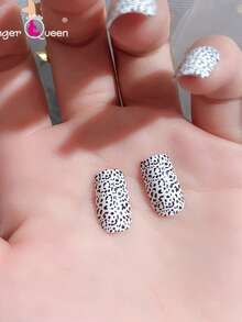 Finger Queen Short Square False Nails Animal Print Black And White 24pcs Card - Estampado animal negro blanco - Ver 3