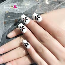 Finger Queen Short Square Floral Black And White False Nails 24pcs Card - Floral Preto Branco - Ver 3
