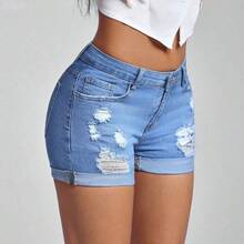 yonghongmaoyi1  Shorts en mezclilla desgarro bajo de doblez - Azul lavado medio - Ver 5