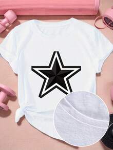 1 pieza de camiseta deportiva de manga corta para mujer, talla grande, con ilustración de estrella de cinco puntas. - Blanco - Ver 2