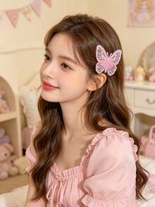 3/6/8入組新款網紗刺繡蝴蝶髮夾，甜美時尚亮片蝴蝶邊緣髮夾，可愛百搭髮飾 - 彩色 - 查看 1