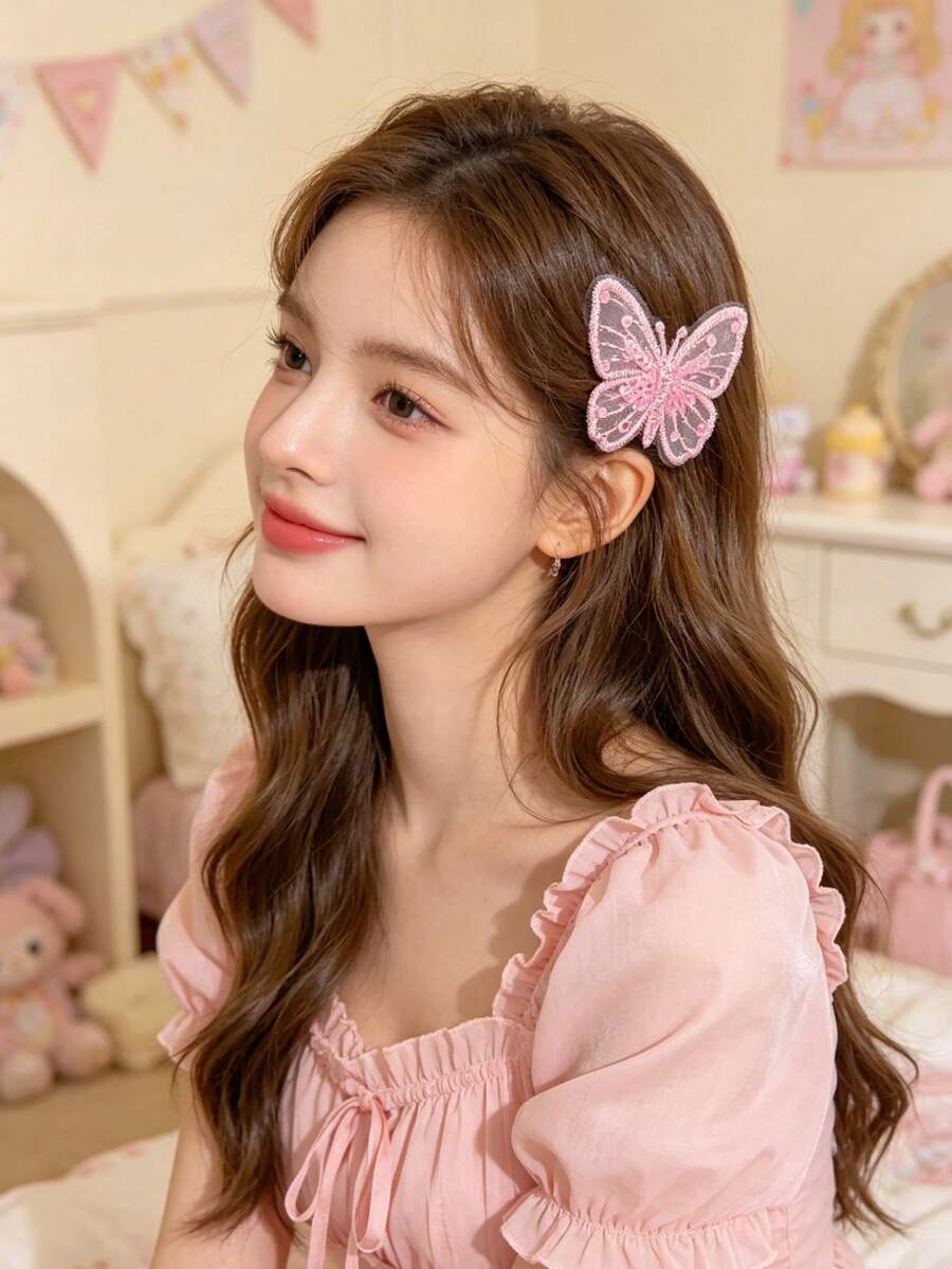 3/6/8入組新款網紗刺繡蝴蝶髮夾，甜美時尚亮片蝴蝶邊緣髮夾，可愛百搭髮飾 - 彩色 - 查看 1