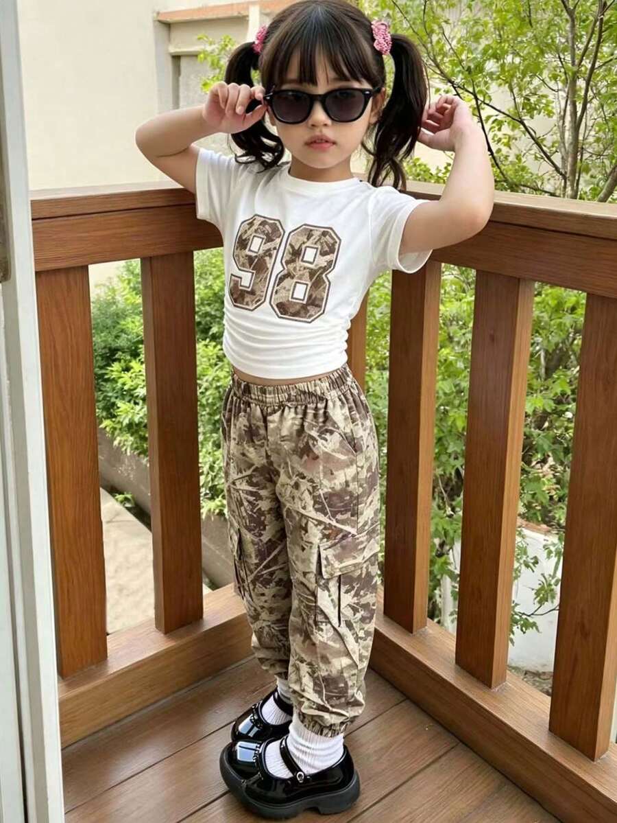 Haut à manches courtes avec imprimé numérique et pantalon cargo camouflage pour tout-petites filles - Blanc - Voir 1