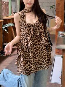 Women's Leopard Print Ruffle Strap Tank Top, Flared Hem, Woven Fabric, Regular Length, Fashionable Summer Style Casual Vacation - Rust Brown - View 6