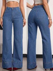 Tall Jeans de tiro alto, de pierna ancha y holgados, con bolsillos, versátiles, para uso casual en verano y primavera, elegantes para bodas y el Día de San Valentín - Azul lavado medio - Ver 1