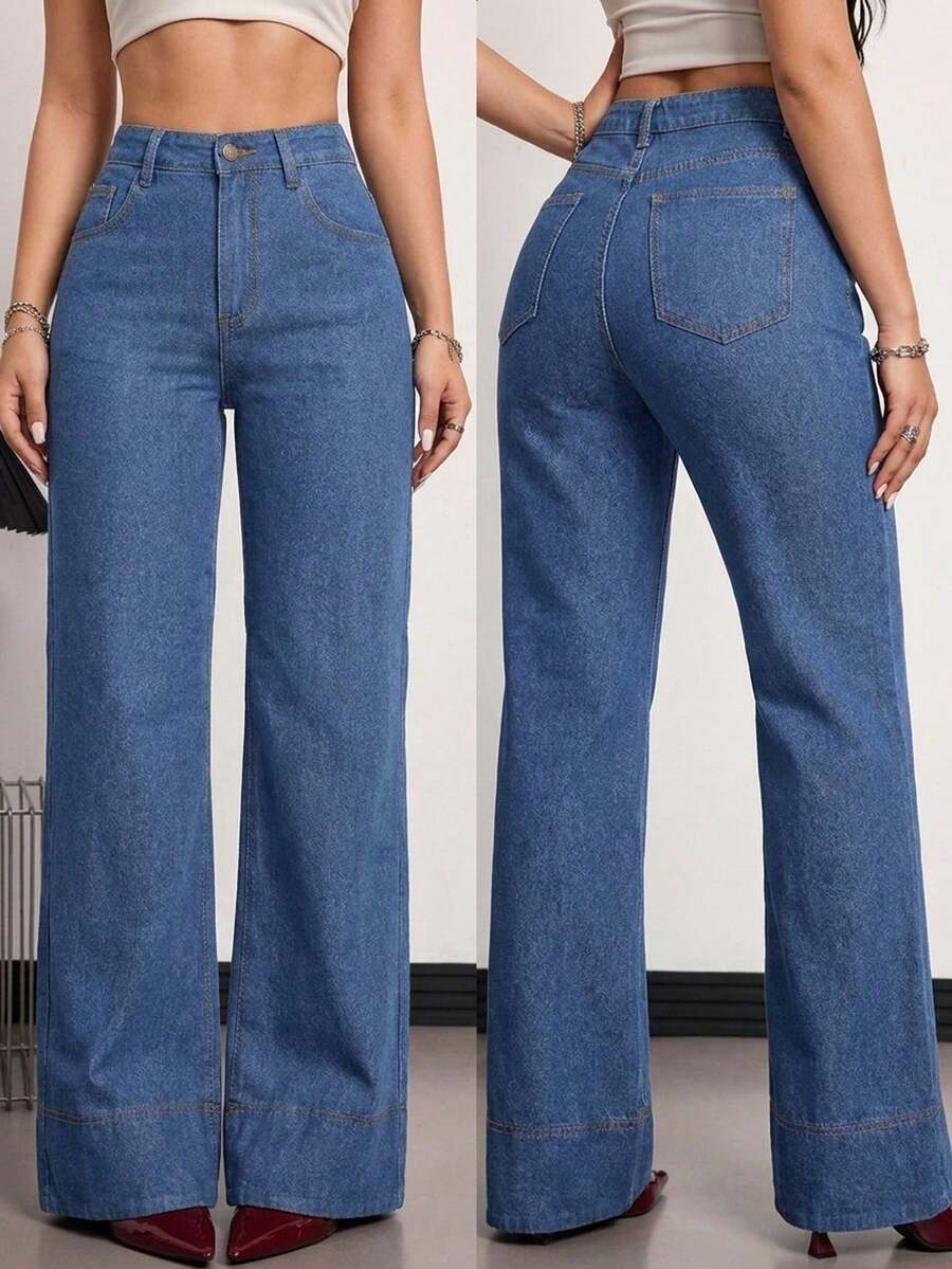 Tall Jeans de tiro alto, de pierna ancha y holgados, con bolsillos, versátiles, para uso casual en verano y primavera, elegantes para bodas y el Día de San Valentín - Azul lavado medio - Ver 1