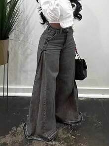 Pantalones vaqueros de pierna ancha para mujer, cintura alta, acampanados, pantalones de mezclilla holgados, jeans con dobladillo deshilachado, ropa casual de calle - Gris Oscuro - Ver 3