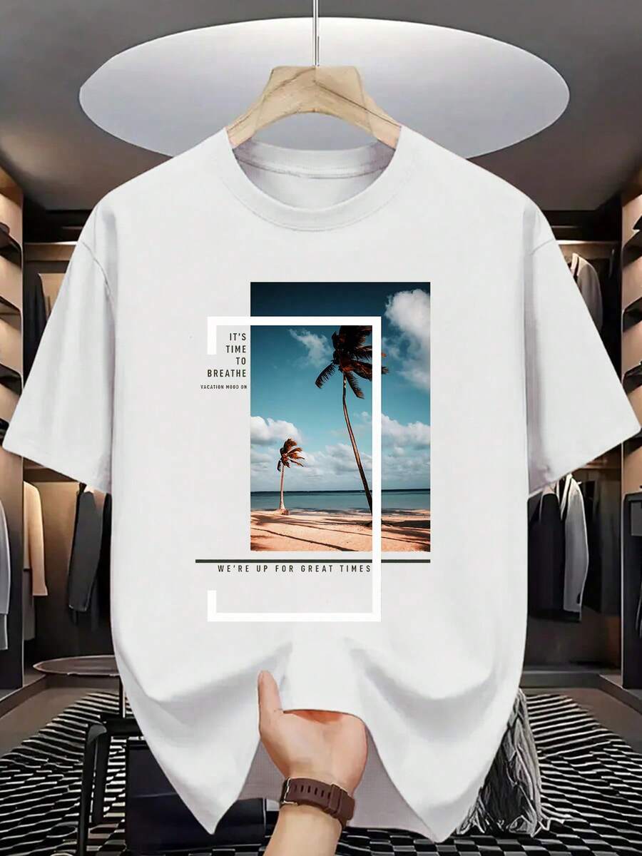 Summer Men's Fashion Pattern Short Sleeve T Shirt - 白色 - 查看 1