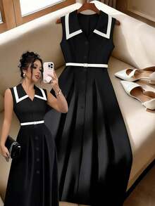 Vestido midi elegante y retro de mujer con cintura ajustada, cuello de solapa y botones, color albaricoque/negro, para uso diario y formal, primavera/verano - Multicolor 3 - Ver 1