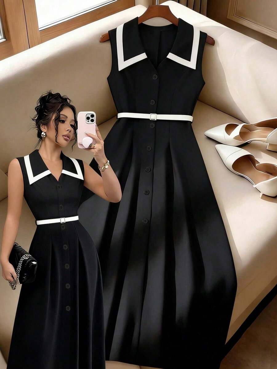 Vestido midi elegante y retro de mujer con cintura ajustada, cuello de solapa y botones, color albaricoque/negro, para uso diario y formal, primavera/verano - Multicolor 3 - Ver 1