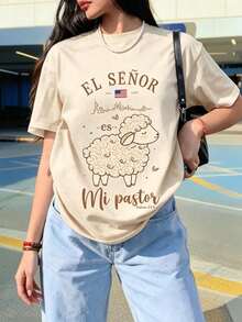 NewSummerCasualCamiseta Oversize Negra Mujer con Estampado Divertido "El Señor es Mi Pastor" Salmo 23:1, Manga Corta Casual Religiosa Cristiana, Ideal para Uso Diario, Iglesia y Regalo, Algo - Albaricoque - Ver 1