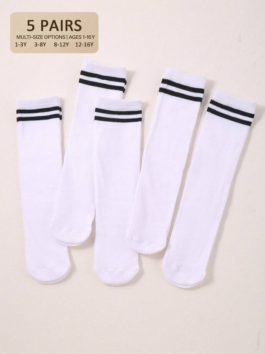 5雙女童校服膝上長襪 透氣雙條紋學院風長襪 日常穿搭用 - 彩色 - 查看 1