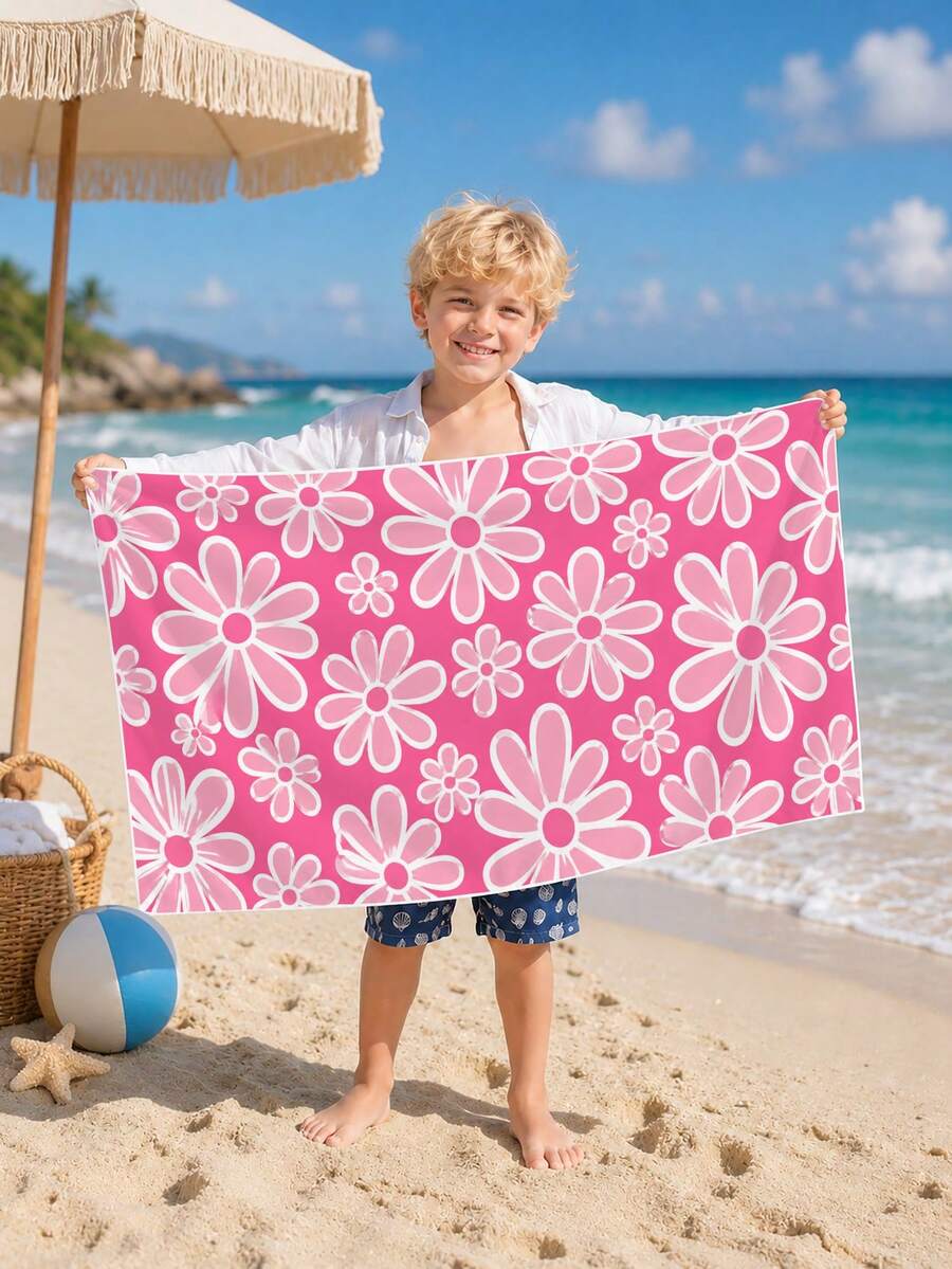 1pc Zouju Pink Children's Beach Towel Bath Towel, Super Absorbent Microfiber Oversized Beach Blanket, Suitable For Travel, Pool, Diving, Surfing, Yoga, Camping, Multiple Sizes, Beach Accessories, Applicable For Beach, Pool, Travel, Camping, Yoga - Multicolor - View 1