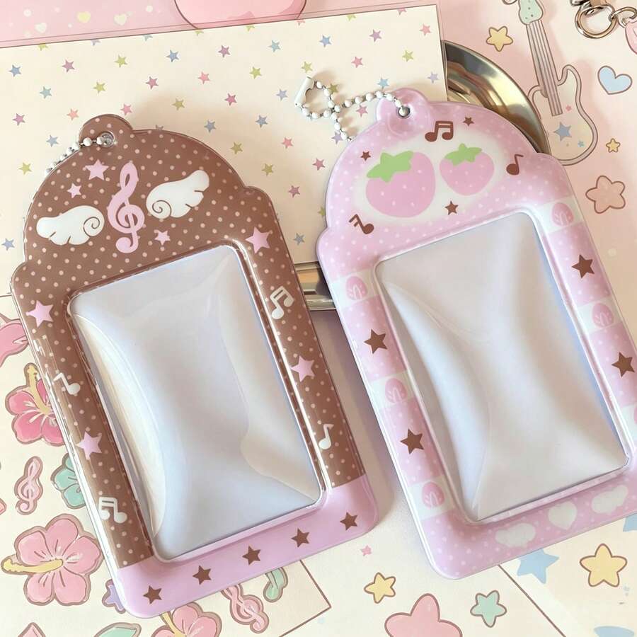 Lindo colgante porta tarjetas de 3 pulgadas, diseño de símbolo musical y patrón de fresa, rosa/marrón macaron, adecuado para identificación de estudiante y tarjeta de transporte - A - Ver 1