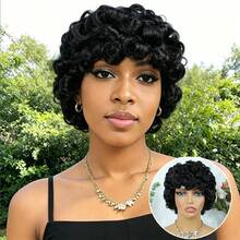 10-Inch Loose Curly Wave Pixie Cut Wig Made From Natural Hair, Featuring Bangs And A Breathable Rose Net Cap, Ideal For Women Wanting A Chic And Easy-To-Wear Style - Natural Black - View 3