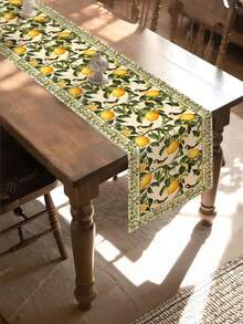 1pc Lemon Table Runner, Lemon Bird Leaf Floral Print, Lemon Yellow And Green Farmhouse Style Decor, Suitable For Kitchen Table, Party Holiday Centerpiece, Outdoor Activities, Rectangular Table Runner - Dark Green - View 4